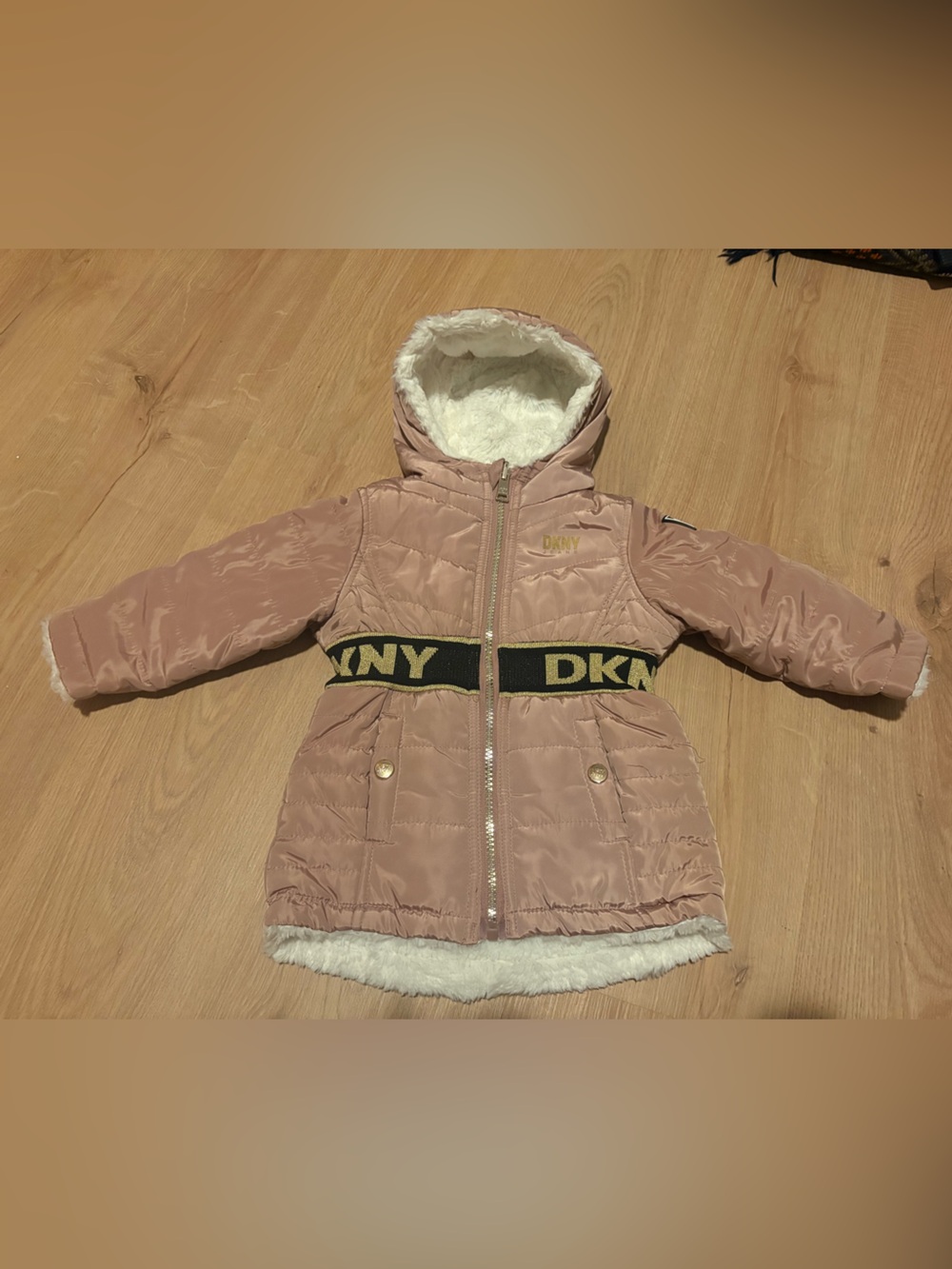 DKNY Girls' Dusty Pink Puffer Coat with Faux Fur Trim